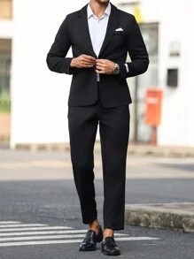 Manfinity Mode Men's Turndown Collar Long Sleeve Button Front Minimal Jacket And Pants Set, Casual Daily Wear - Black - View 4