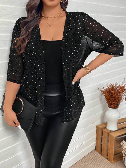 SHEIN LUNE Women Plus Size Rhinestone Embellished Mesh Sheer Jacket Thanksgiving Women Raves, Christmas Clothes New Years Eve Going Out Tops , Office Wear, Party, Business Casual Woman, Old Money Style, Valentine, Love/Lover