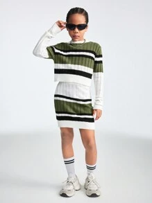 SHEIN Tween Girls Spring /Basic Fuzzy Striped Stretchy Fittedlong Sleeve Sweater& Skirts Sets,Two Pieces Outfits - Multicolor - View 6