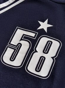 SHEIN Girlism 青少年女孩运动风格条纹和数字印花短袖短款 T 恤，适合日常休闲穿着