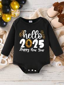 Baby Girl Casual Graphic "Happy New Year" Letter Print Long Sleeve Bodysuit, Suitable For Spring Autumn - Black - View 3