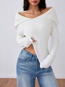 Flirla Femmes Pull côtelé à col à revers et ourlet plissé, couleur unie, manches longues. Tricot d'automne/hiver - Blanc - Voir 1