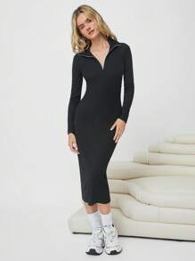 SHEIN EZwear 1/4拉鍊條紋針織緊身洋裝 - 黑色 - 查看 5