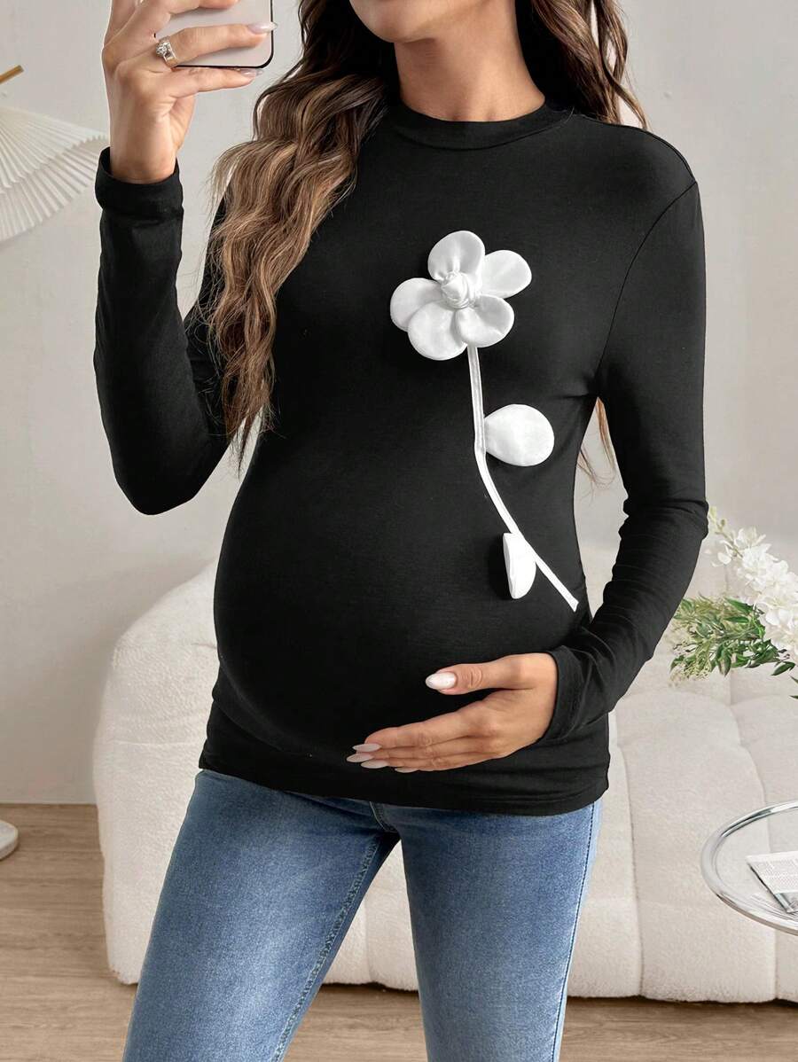 SHEIN Áo thun cổ tròn dài tay thường ngày họa tiết hoa 3D dành cho bà bầu - trắng - Xem 1