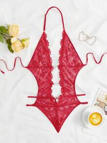Floral Lace Cut Out Teddy Bodysuit Lingerie - Red - View 6