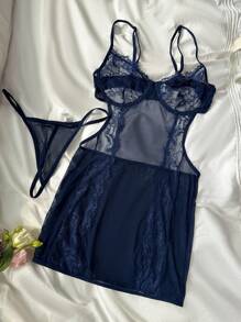 Classic Sexy 对比色蕾丝网布钢托衬裙和丁字裤、内衣 - 藏蓝色 - 查看 6