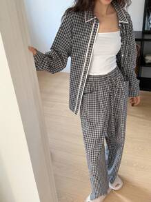 DAZY Plaid Pattern Contrast Trim Loose Shirt Style Casual Pajama Set