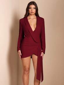 SHEIN BAE Burgundy Autumn Elegant Night Out Solid Asymmetric V-Neck Tie-Up Minimalist Suit Dress,Formal Cocktail Party Date Outing Birthday Occasion - Burgundy - View 7