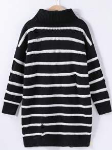SHEIN Gestricktes Kleid für Tween Mädchen, französischer Stil schwarz-weiß gestreiftes Oversized-Strickkleid mit hohem Kragen und langen Ärmeln, zerrissenes Design, weicher und bequemer Stoff, modisch für Herbst/Winter, geeignet für Zuhause, Reisen, Musikfestivals, Weihnachten, Halloween-Partys, klassischer europäischer Stil - Schwarz und Weiss - Übersicht 2