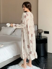 DAZY Camisón holgado con estampado de oso dulce y volantes de contraste, para otoño e invierno