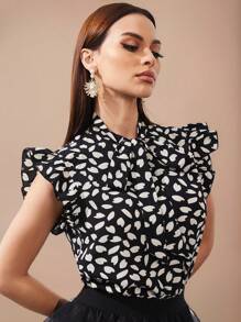 SHEIN Amorya Allover Print Tie Neck Butterfly Sleeve Top - Black and White - View 1