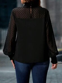 Rometta Plus Size Women's Swiss Dot Print High Neck Lantern Sleeve Top Fall Cloth For Women