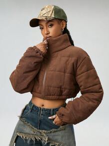 SHEIN EZwear Women's Going Out/Basic Corduroy Thermal Lined Keep Warm Zip Up Brown Baggy Quilted Coat,Party / New Year Eve / Streetwear