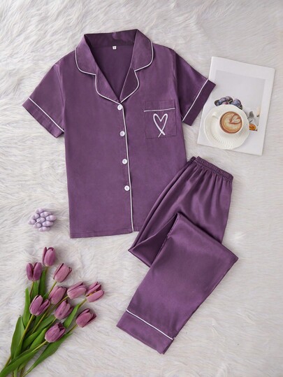 LuxeNights 2pcs/Set Faux Silk Heart Embroidered Short Sleeve Pajama Top And Pants Set