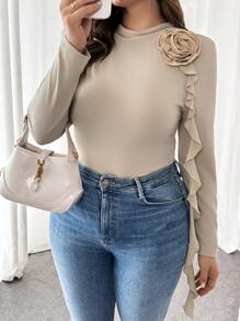 Firerie Plus Size Women's Autumn And Winter Elegant And Comfortable Long-Sleeved Khaki Apricot Three-Dimensional Flower Slim Long-Sleeved T-Shirt