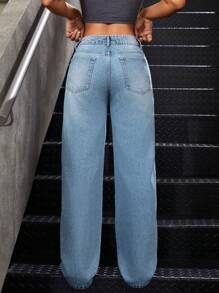 SHEIN PETITE 女款有口袋牛仔褲 - 藍色 - 查看 2