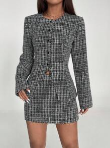 Lunelith SHEIN Lunessa 2 piezas Outfit casual de mujer para ir al trabajo o de compras: Blusa de botones de manga larga informal y falda de tweed de cintura baja