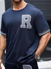 Manfinity Homme 2pcs Plus Size Men's Casual Letter Embroidered T-Shirt And Pants Set - Blue - View 3