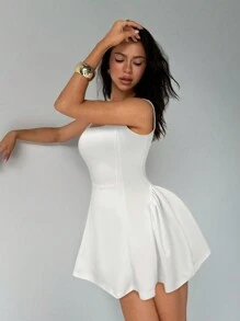 Aloruh Women's Solid White Mini Puff Sleeve Scoop Neck Ruched Waist Floral Dress, Sexy & Elegant For Christmas Date Night Out - White - View 5