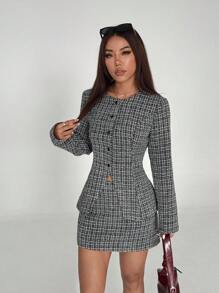Lunelith SHEIN Lunessa 2 piezas Outfit casual de mujer para ir al trabajo o de compras: Blusa de botones de manga larga informal y falda de tweed de cintura baja