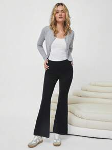 SHEIN EZwear Flare Leg Solid Trousers - Black - View 4