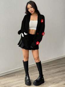 SHEIN Unity Cute Bear Flower Pattern Women Sweater Cardigan - Black - View 5