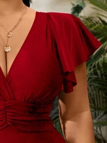 Swim Lushoire 2025 Plus Size Women Solid Color Ruched Sleeve Ruched One-Piece Swimsuit Summer - Burgundy - View 4