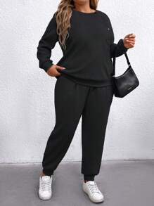 SHEIN LUNE 2pcs Plus Size Casual Solid Sweatshirt And Sweatpants Set, Autumn/Winter