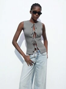 Maija Blusa sin mangas ajustada con cuello redondo y lazo, de color gris, para mujer, para primavera/verano