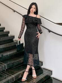 DAZY Vestido midi con volantes asimétricos de encaje y parches, adecuado para citas, bailes de graduación y ropa de otoño