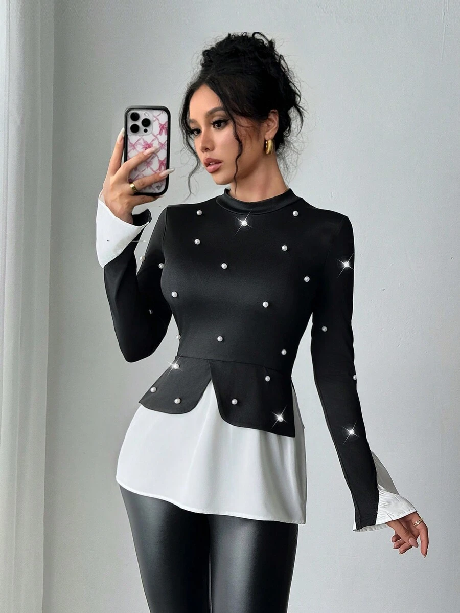 Chiquease Women's Beaded Design Asymmetrical Contrast Color Patchwork Ruffle Hem Sweater Top - Black - View 1