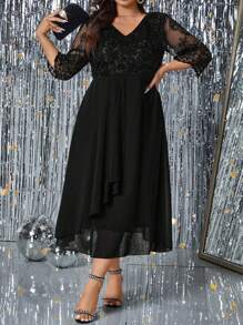 SHEIN Clasi Plus Size Women V-Neck Embroidered Contrast Mesh Elegant Dress Maxi Women Outfit