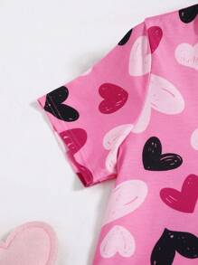 SHEIN Tween Girl Valentine's Day 2pcs Outfit,Cute Pink And Black Heart Print Short Sleeve Shirt And Pajama Pants Set,Summer Sleep Comfortable Sleepwear - Pink - View 3