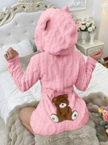 Animal Shaped Hooded Teddy Bear Embroidery Plush Women One-Piece Fluffy Romper, For Fall Winter, Cozy - Pink - View 5
