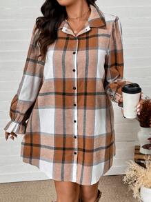 SHEIN LUNE Plus Size Women Kratka Rozkloszowana Rękaw Jednorzędowa Sukienka Koszulowa Na Jesień Strój Na Święto Dziękczynienia Kobiety Nowy Rok Strój Kobiety Zimowe Sukienki Zimowe Ubrania Kobiety Stroje Rave Stroje Wakacyjne Kobiety, Ubrania W Stylu Western Kobiety