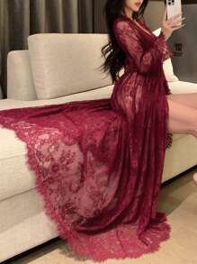 DAZY Romantic Lace Long Waist-Cinched Semi-Sheer Robe Pajama - Burgundy - View 5
