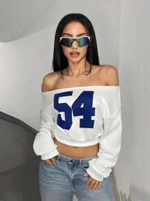 StreetHx Off Shoulder Streetwear Crop Pullover Sweatshirt For Women, Autumn, With Dropped Shoulder & Digital Print