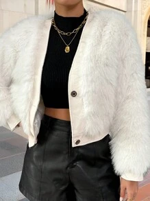 SHEIN Clasi Solid Color Front Button Fluffy Splicing Elegant Long Sleeve Fur Jacket For Winter