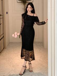 DAZY Vestido midi con volantes asimétricos de encaje y parches, adecuado para citas, bailes de graduación y ropa de otoño