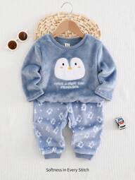 Cozy Pixies Penguin Printed Flannel Crew Neck Long Sleeve Top And Casual Long Pants 2 Pieces Pajama Set, For Baby Boys