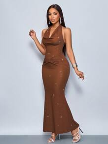 SOLERSUN Đầm đuôi cá lấp lánh cổ yếm màu trơn dành cho nữ - màu nâu - Xem 4