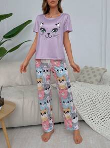 Cute Cat Pattern Women Pajama Set - Multicolor - View 5