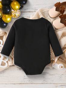 Baby Girl Casual Graphic "Happy New Year" Letter Print Long Sleeve Bodysuit, Suitable For Spring Autumn - Black - View 2