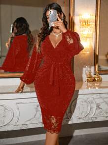 SHEIN Clasi Plus Size Women Glittery Overlapping V-Neck Lantern Sleeve Fitted Elegant Dress For Christmas Fall Cloth For Women - Red - View 3