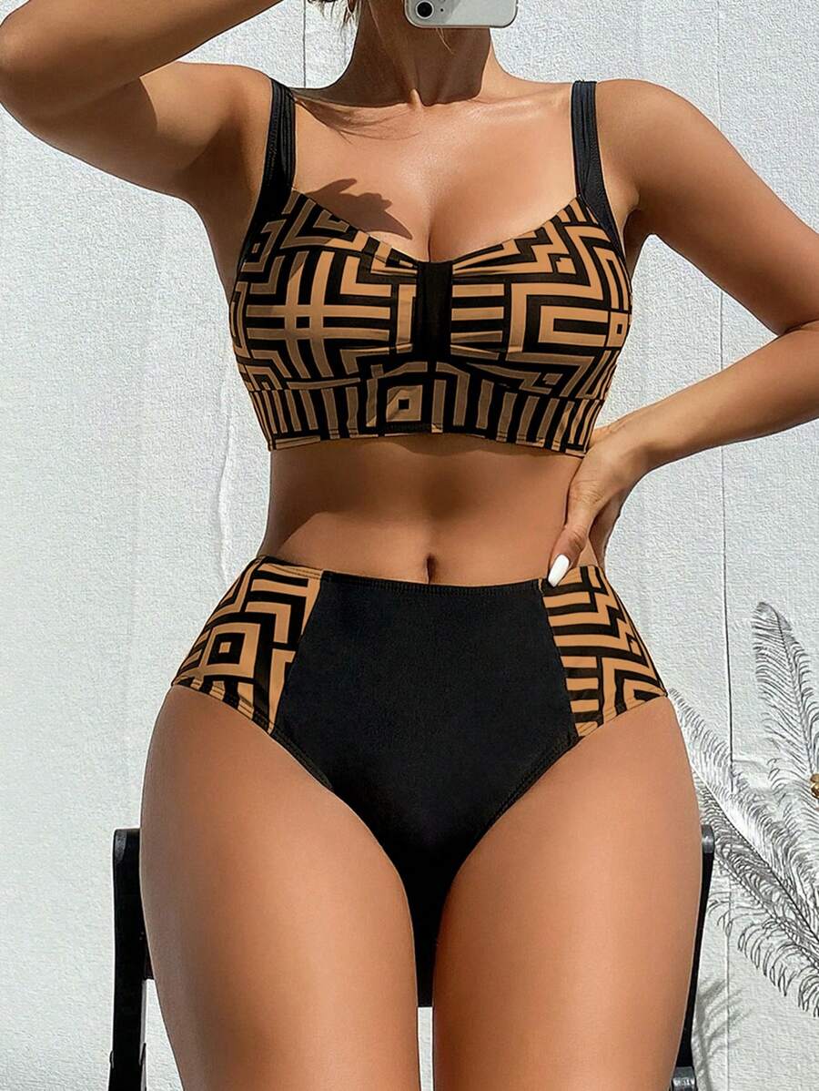 Swim Lushoire Women's Beach Vacation Geometric Print Ruched Sexy Bikini Set + Random Print Summer - Multicolor - View 1
