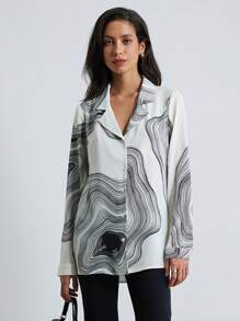 Aveloria Modichic Commuting Casual Shirt For Women With Lapel Collar, Graphic Line Print, Loose Fit Long Sleeve Button Up Shirt Women  Fall Cloth For Women - Multicolor - View 4