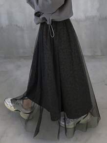 FRIFUL 女士网纱撞色豹纹印花半身裙 - 棕色 - 查看 4