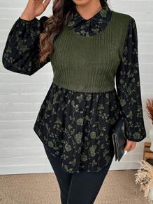 SHEIN LUNE Áo kiểu nữ cỡ lớn họa tiết hoa phối hợp, thích hợp cho Lễ Tạ ơn, Năm mới, Mùa đông. - Nhiều màu - Xem 3