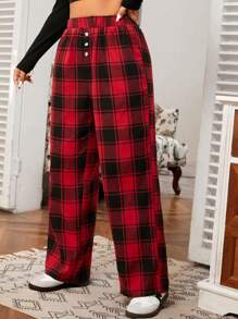 SHEIN EZwear Pantalones holgados de cuadros, de cintura elástica y diseño con botones, para mujer de talla grande, color rojo