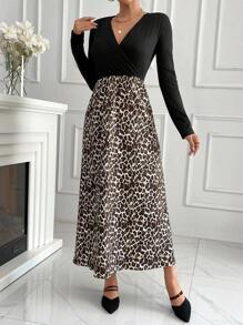 INAWLY 女士豹纹交叉 V 领长袖中长裹身连衣裙，适合春季